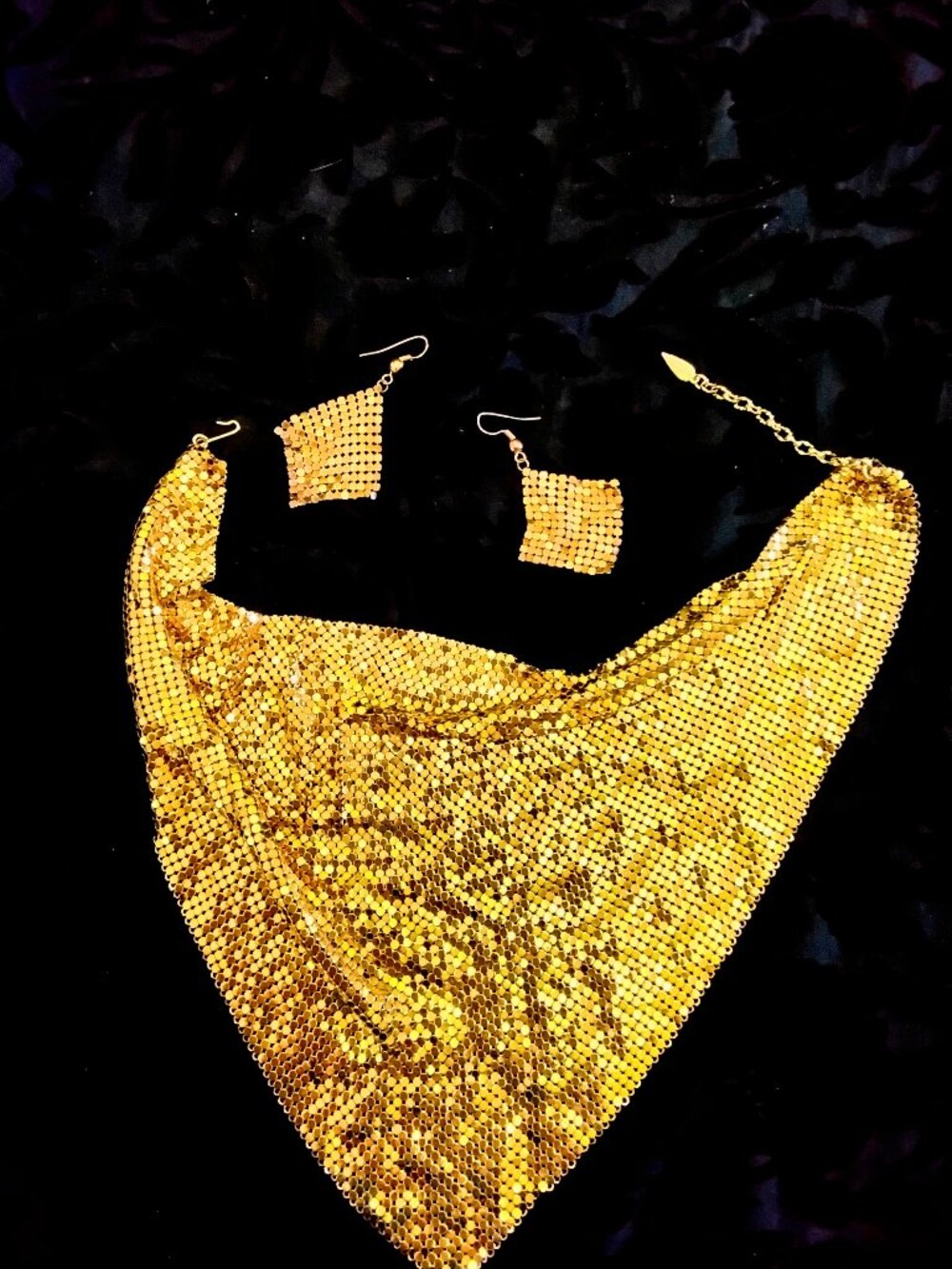 Whiting&Davis signed vintage statement gold mesh bib necklace earrings set